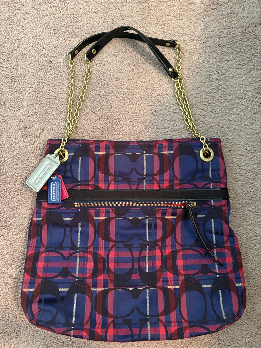 Coach Poppy Tartan Navy and Pink Plaid Signature Chain Slim Tote